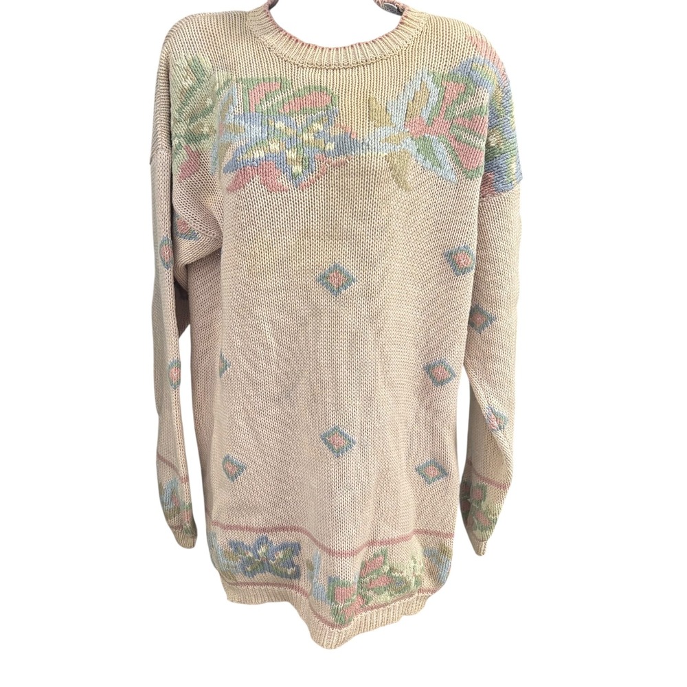 VTG Karen Scott Hand Knits Floral Diamond Pattern Sweater Beige M**